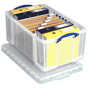 Transparente Ordnungsbox mit Deckel, gefüllt mit Ordnern, 64 l Fassungsvermögen.