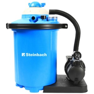 Système de filtration à sable Steinbach Comfort 75 bleu pour piscines, avec pompe noire et tuyau de raccordement.