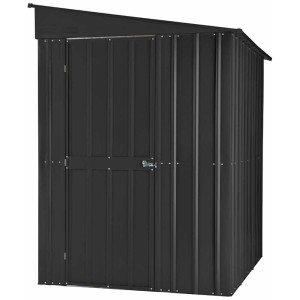 Abri de jardin adossable en métal Globel Lean-To anthracite avec toit monopente et porte battante.