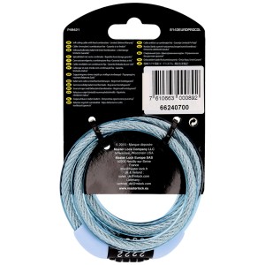 Master Lock Spiralkabelschloss, pastellblau, 4-stellig, mit Stahlkabel und Zahlenschloss.