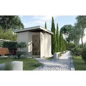Casetta da giardino in legno Weka Angolo B con tetto piatto, naturale, 239x235 cm, in giardino.