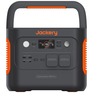 Powerstation Jackery Explorer 1000 Plus (1264 Wh) grise/orange avec poignée et ports.