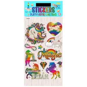 Puffy Sticker Hippie Unicorns: Set di adesivi 3D autoadesivi a forma di unicorno arcobaleno.