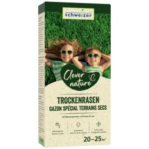 Graines de gazon spécial terrains secs Clever Nature, paquet avec enfants dans l'herbe, 20-25 m².