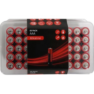 Batterie alcaline AAA, confezione da 50, per dispositivi a consumo energetico costante.