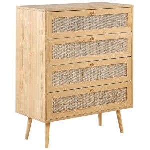 Commode Beliani Perote marron clair avec façades en rotin, 97x80x38 cm, style bohème.
