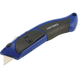 Cutter universale LUX Comfort, lama 60 mm, blu e nero, con impugnatura ergonomica e caricatore lame di ricambio.