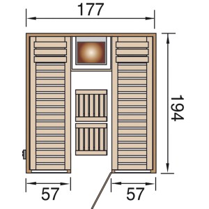 Schizzo della sauna Weka Elementsauna Kaarina 2 con porta in vetro, dimensioni: 177x194x57 cm.