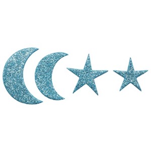 Selbstklebende Moosgummisticker: Mond und Sterne, blau glitzernd, für Bastelarbeiten.