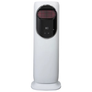 Weißer Kibernetik VH81 Ventilator mit Heizfunktion. Turmventilator mit schwarzem Display, rotem Heizgitter und runder Basis.