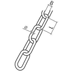 Disegno tecnico di una catena di saldatura in acciaio cromato, forma C, con dimensioni.