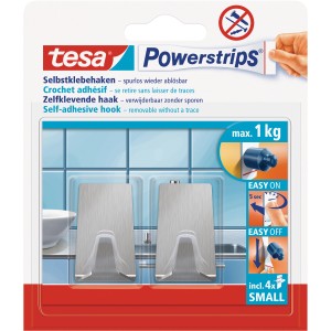 Crochets adhésifs Tesa, 2 crochets rectangulaires en acier inoxydable avec Powerstrips, supporte jusqu'à 1 kg.