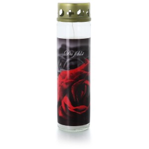 Gedenkkerze Gloria mit roter Rose und der Aufschrift 'Du fehlst'.