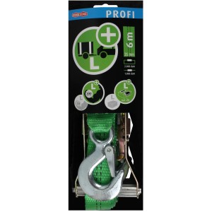 Cinghia di fissaggio carico verde, 35mm di larghezza, 6m di lunghezza, con cricchetto e moschettoni per rimorchi auto.