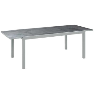 Ausziehbarer Gartentisch Monta im Keramiklook mit silbernem Aluminiumgestell.