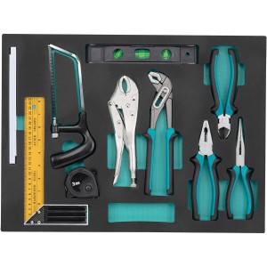 Insert d'outil Technocraft pour servante d'atelier avec outils tels que pinces, scie, niveau à bulle et outils de mesure.