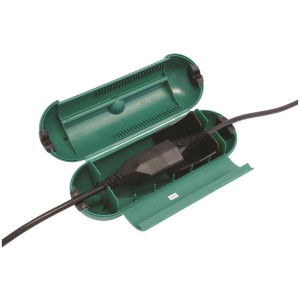 Scatola di protezione piccola Gardenline verde in plastica per cavi di alimentazione esterni, aperta con cavo.