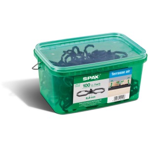 Entretoise Spax Air, 6,5 mm, noire, 100 pièces dans un récipient vert pour lames de terrasse.