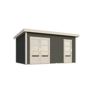 Casetta da giardino in legno Karibu Glostrup, grigio terra, con tetto piatto e doppia porta.
