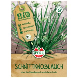 Confezione di semi di erba cipollina biologica Sperli con pianta e fiori bianchi.