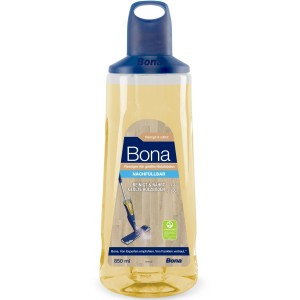 Flacone trasparente di detergente Bona per pavimenti in legno oliati, 850 ml, ricaricabile.
