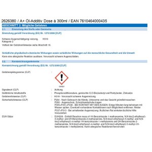Étiquette de la boîte d'additif d'huile Autoplus 300 ml avec avertissements de danger.