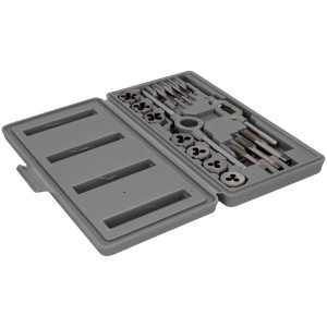 Suki Jeu de tarauds et filières 16 pièces avec tarauds, filières, tourne-à-gauche et porte-filière en boîte plastique.