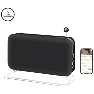 Stufetta elettrica portatile Mill WiFi nera 1200W su base bianca, con simbolo WiFi e controllo app.