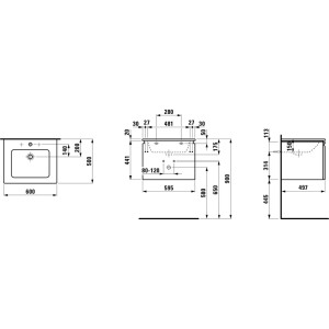 Schéma technique : Meuble de salle de bain Laufen Pro S, 60 cm, blanc, avec dimensions du lavabo et du meuble sous-vasque.