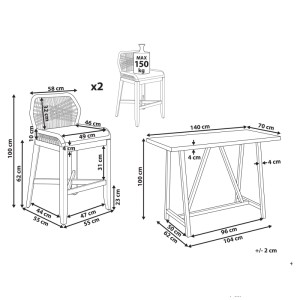 Schizzo del set bistrot Talamone: dimensioni tavolo 140x70x100cm, sedie con intreccio in corda, dimensioni nello schizzo.