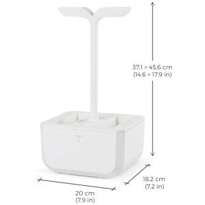 Véritable Indoor Herb Garden Connect Blanc avec éclairage LED et dimensions.