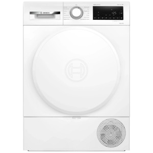 Weisser Bosch Wärmepumpentrockner Serie 6 Frontlader mit LED-Display und Drehwähler.