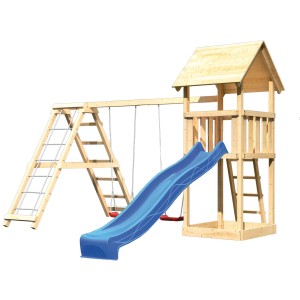 Tour de jeu Karibu Lotti avec balançoire double, structure d'escalade et toboggan bleu.