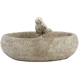 Piccola vasca per uccelli effetto cesto (Ø 28,5 cm) con figura di uccello, dipinta a mano, in cemento.