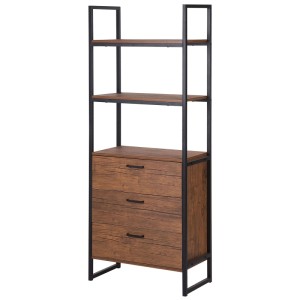 Étagère Beliani Tifton, marron, avec 3 étagères et 3 tiroirs. Design industriel avec cadre métallique et aspect bois.