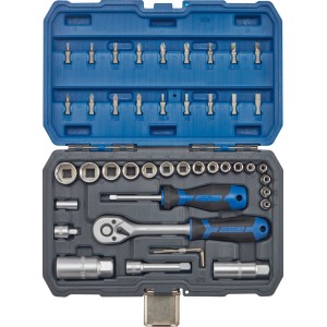 Coffret de clés à douilles LUX-TOOLS 44 pcs bleu avec cliquet, douilles et embouts pour vissage.