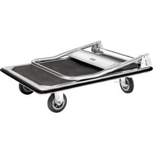 Carrello a piattaforma piegato con portata di 250 kg, ideale per il trasporto in magazzino o in cantiere.