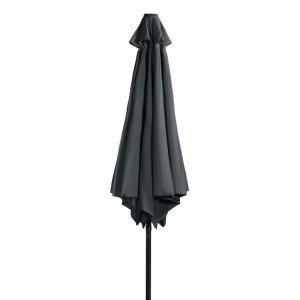Zusammengefalteter, anthrazitfarbener Derby Marktschirm Basic Lift Neo Ø 286 cm.