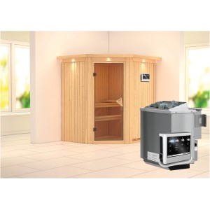 Sauna Karibu Tjorven con stufa e controllo esterno, porta in legno-vetro per un'esperienza rilassante.