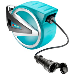 Enrouleur de câble Technocraft avec retour automatique (10 m), turquoise, avec prise et support mural.