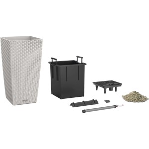 Pot Lechuza Cubico Cottage, 40x40x75cm, gris clair, avec accessoires pour le système d'arrosage.