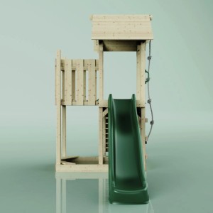 Torre gioco PolarPlay Tromso in legno con scivolo verde e balcone.