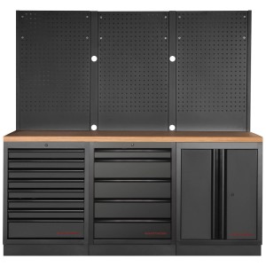 Kraftwerk Mobilio combinaison d'établi avec tiroirs et armoire, plan de travail en hêtre et panneaux perforés.