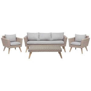 Ensemble lounge Beliani Vittoria XL 5 places, rotin marron avec coussins gris. Salon de jardin avec canapé, fauteuils et table.