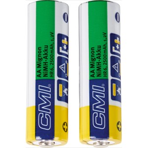 Due batterie ricaricabili CMI AA NiMH, 2500 mAh, per es. luci solari.