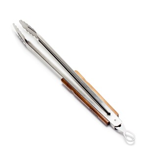 Pinze da barbecue Petromax piccole in acciaio inox con manici in legno. Utensile per griglia per carbone e cibo.