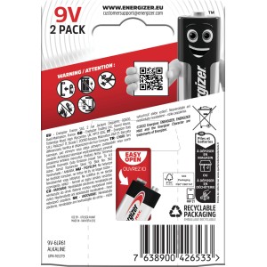 Energizer Alkaline Batterie Max 9V E-Block 2er-Pack, geeignet für anspruchsvolle Geräte.