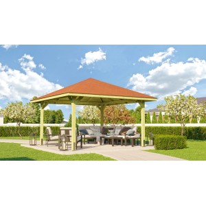 Weka Pavillon Gartenoase 651 A, gazebo in legno con tegole e mobili da giardino.