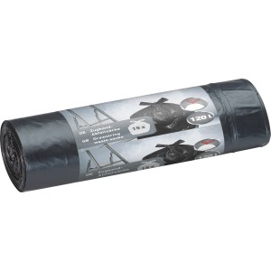 Rouleau de sacs poubelles noirs (15 pièces) avec cordon de serrage, capacité 120 litres.