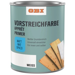 Lattina OBI di fondo bianco opaco 375ml. Primer universale per interni ed esterni, con esempio su legno.